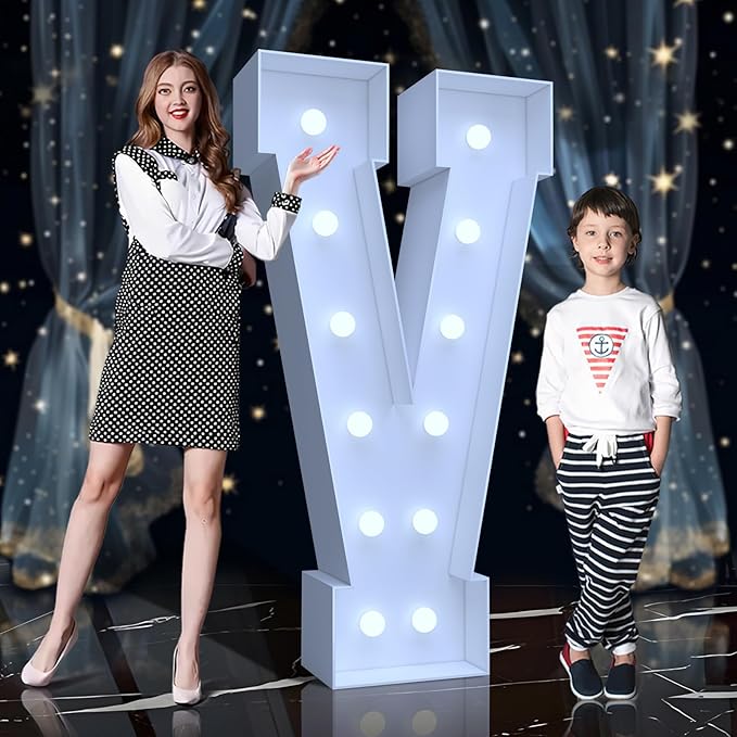 4FT Marquee Light Up Letters V – Cool White LED, Easy to Assemble Foam Board with Back Support, Large Marquee Light Up Letters for Birthday, Wedding, Party, Anniversary, Baby Shower Decor