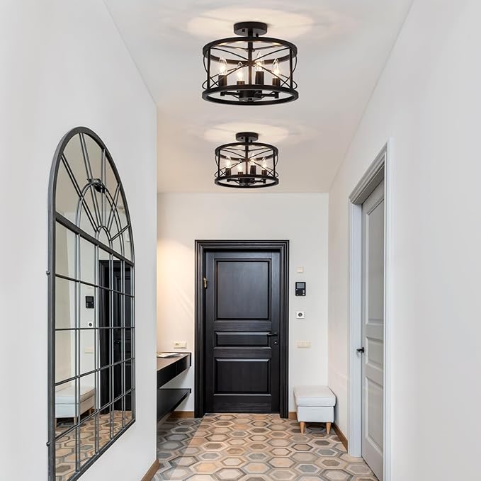 Black Semi Flush Mount Ceiling Light Fixture, 4-Light Farmhouse Modern Ceiling Light, Hallway Light Fixtures, Kitchen Lights, Ceiling Lamp for Entryway Dining Room Bedroom Laundry Lighting UL-Listed