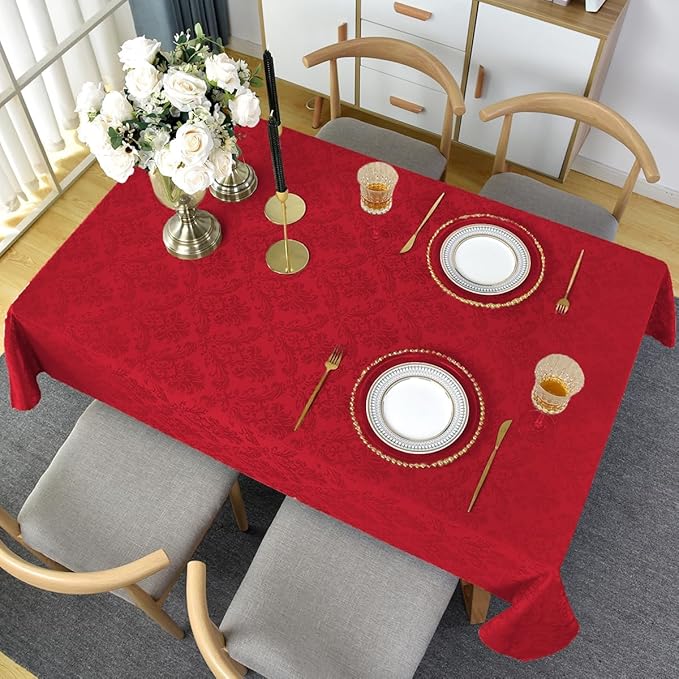 Jacquard Christmas Tablecloth Rectangle 52 x 70 Inch, Waterproof Wrinkle Free Floral Damask Table Cloth, Soft Fabric Table Cover for Xmas, Holiday, Winter, Holiday, Party, Wedding, Red