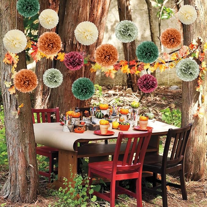 Fall Party Decorations 16pcs Orange Green Tissue Pom Pom Decorations Burgundy Sage Green Fall Decorations for Autumn Bridal Shower Baby Shower Wedding Birthday Engagement Party Decorations