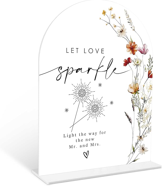 Boho Floral Let Love Sparkle Sign, 6 x 8 Inch White Arch Acrylic Wedding Sign with Holder, Wedding Sign for Ceremony and Reception, Wedding Decoration, Wedding Supplies - BX31
