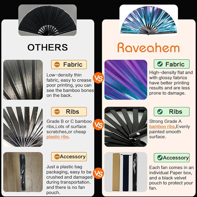 Large Rave Fan, Clack Folding Hand Fan with Premium Fabric, Thick Bamboo Frame for Men Women Gift for EDM, Festival, Club, Party, Dance, Decoration (Holographic Blue-Purple, 13")