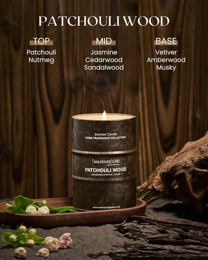 M&SENSE Patchouli Wood Scented Candles Natural Non Toxic, Aromatherapy Candle for Stress Relief Meditation Relaxing, Housewarming Gifts for Women Men, 11.3oz 70 Hour Long Burning