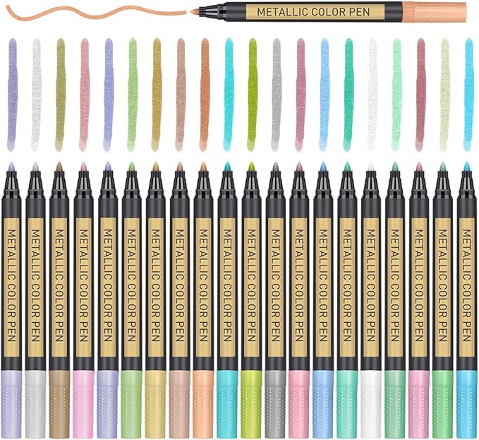 JR.WHITE Metallic Paint Markers, 20 Colors Paint Pen Craft Markers for Art, Rock Painting, Photo Albums, Scrapbooking, Black Paper, Mug, Wood, Easter Eggs, Drawing & Adult Art Supplies