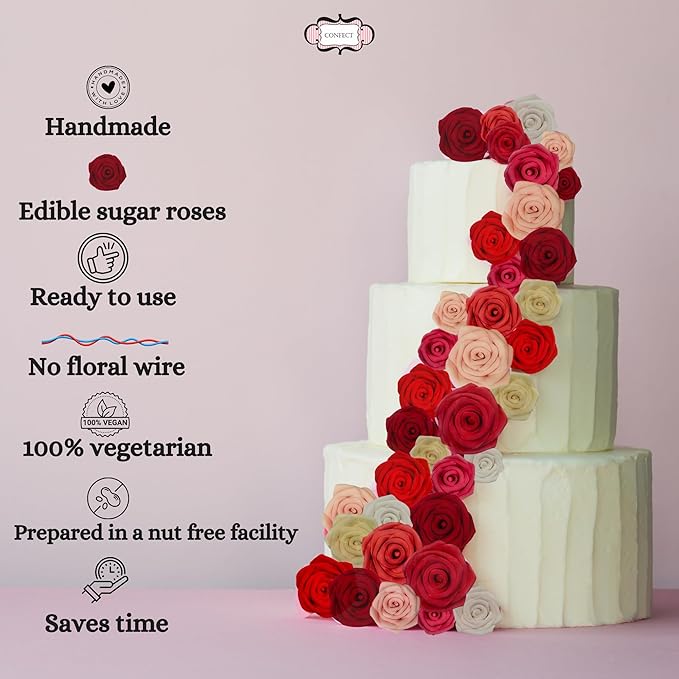 Confect Edible Pink Flamingo Rose Toppers – Edible Roses for Cake Decorating – Vibrant Floral Toppers for Desserts-Vegan, Gluten-Free, Nut-Free, Soy-Free, Dairy-Free, Palm Oil-Free - Pack of 12