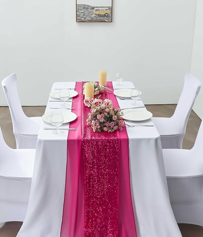 2 Pack 10Ft Fuchsia Chiffon Table Runner Sheer 29x120 Inch for Romantic Wedding Decor Bridal & Baby Shower Birthday Rustic Party Decoration