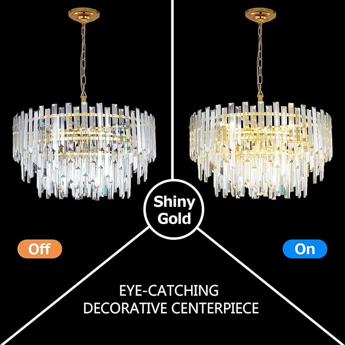 Gold Copper Crystal Chandelier Lighting 24'' for Dining Rooms Bedroom Foyer Entryway Ceiling Hanging Pendant Chandelier Light Fixture Lamp