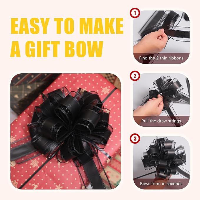 12 PCS 6 Inch Large Pull Organza Black Bows - Perfect for Gift Wrapping, Wedding Decor, Car Bows, Birthday Parties, Christmas and Valentine's Day