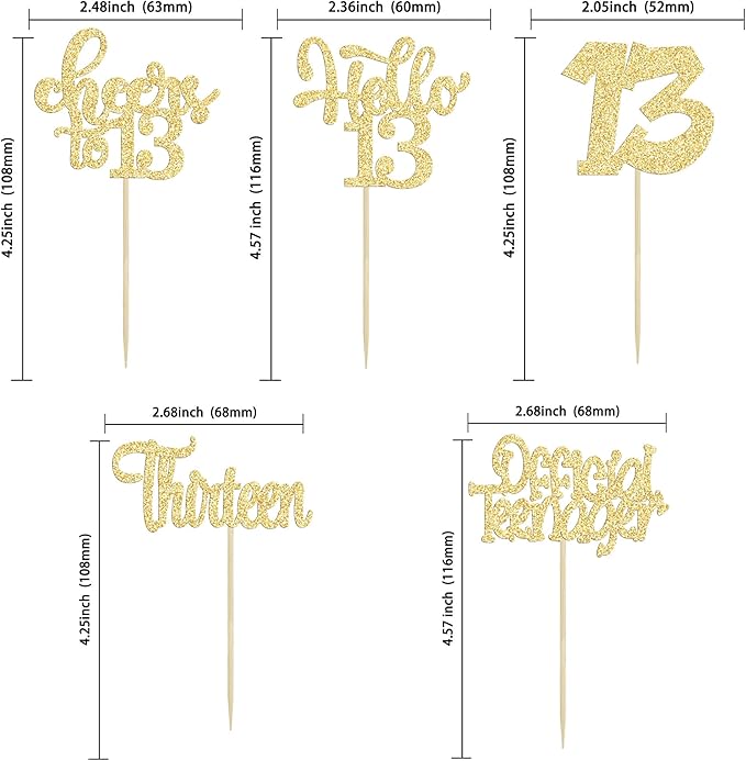30Pcs 13th Birthday Cupcake Toppers Hello 13 Cupcake Picks Official Teenager Cheers to 13 Years Old Cake Decorations for 13th Birthday Anniversary Party Supplies Gold Glitter
