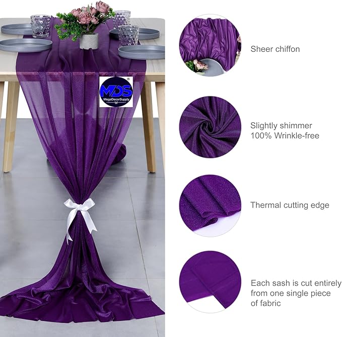 MDS 5 Pack 10ft Chiffon Table Runner 29 x 120 Inches Sheer Wedding Runner Romantic Rustic Table Runner for Wedding Decorations, Birthday Parties, Bridal Shower Party Arch Decor - Cadbury Purple