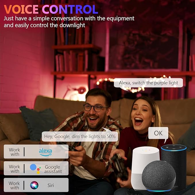 6 inch Smart LED Can Lights with Remote, RGB Color Changing Bluetooth Baffle Trim Downlight, 13W 1050LM LED Recessed Lighting, Compatible with Alexa, Google Home and Siri, 4 Pack