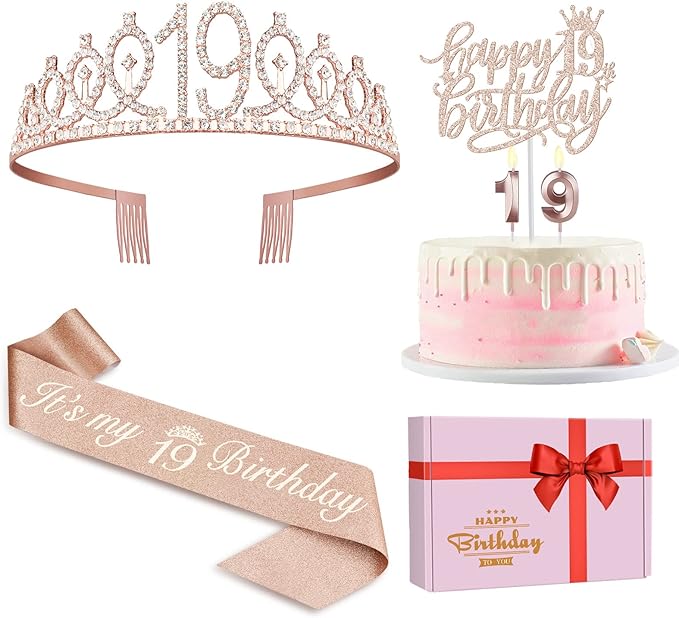 19th Birthday Decorations Including Birthday Sash, Tiara/Crown, Numeral Candles and Cake Topper, 19 Year Old Girl Gifts, Rose Gold Party Decor Supplies