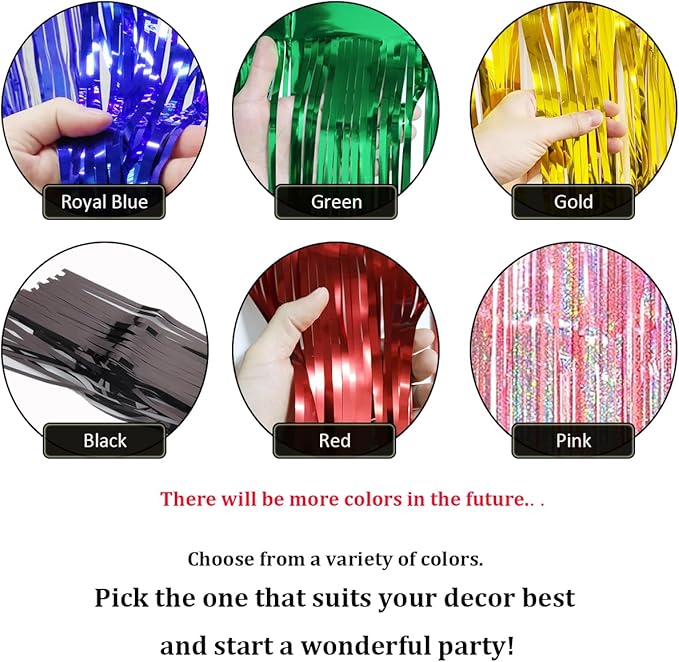 6 Pack Black Total 60 Feet Foil Fringe Garland Metallic Tinsel Banner Wall Hanging Drapes Parade Float Skirting Decorations for Trailer Mardi Gras Party Birthday Wedding (Black)