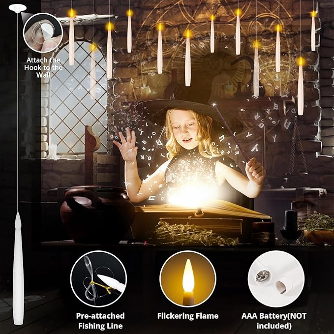 NURADA Floating Candles with Wand Remote Timer - Magic LED Hanging Flameless Taper Candles Flickering Battery Operated for Birthday Theme Party Halloween Home Window Decor - White 12 Pack