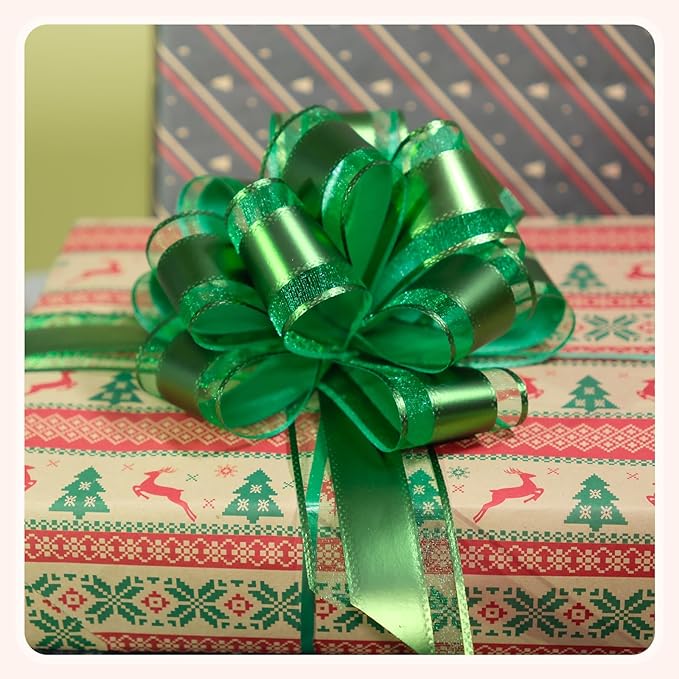 6 PCS 6 Inch Organza Green Pull Bows - Perfect for Gift Wrapping, Wedding Decor, Car Bows, Birthday Parties, Christmas, and Valentine's Day