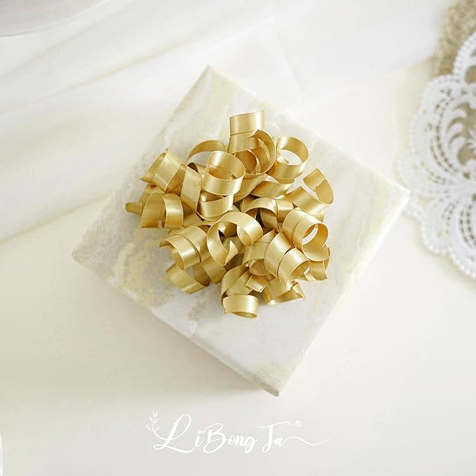 5 Inch Gold Bows Curly Ribbon Bows for Gift Wrapping, Satin Bows with Double-Sided Tape, Self Adhesive Bows for Party, Wedding, Birthday Decor, Premade Bows for Crafts, Wine Glasses-8 PCs