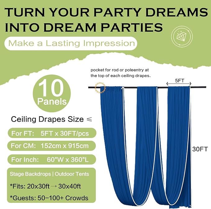 PartyVillage 10 Panels 5ftx30ft Royal Blue Ceiling Drapes for Wedding Parties – 30 FT Extra Long Thick Polyester Wrinkle-Free Drapery Tent Decor Decorations for Birthday Party Ceremony Stage Swag