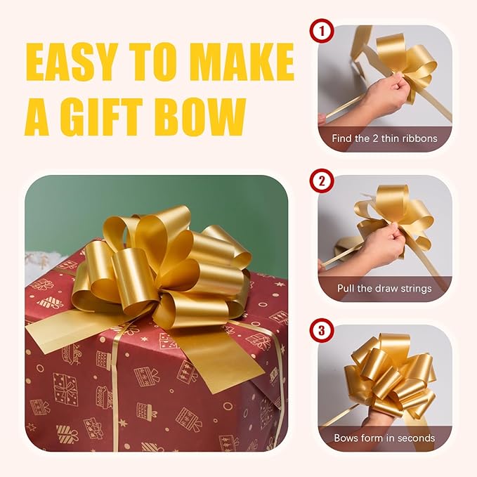 6 PCS 6 Inch Golden Pull Bows - Perfect for Gift Wrapping, Wedding Decor, Car Bows, Birthday Parties, Christmas and Valentine's Day