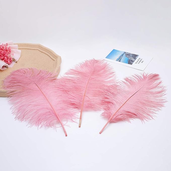 24pcs Natural Lotus Pink Ostrich Feathers 10-12inch (25-30cm) for Wedding Party Centerpieces，Flower Arrangement and Home Decoration.