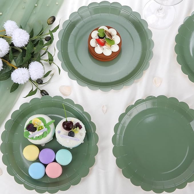 48 Pcs Sage Green Paper Plates 9 Inch Scalloped Dessert Plates - Disposable Sage Green Cake Plate - Baby Shower Birthday Party Wedding Bridal Party Supplies