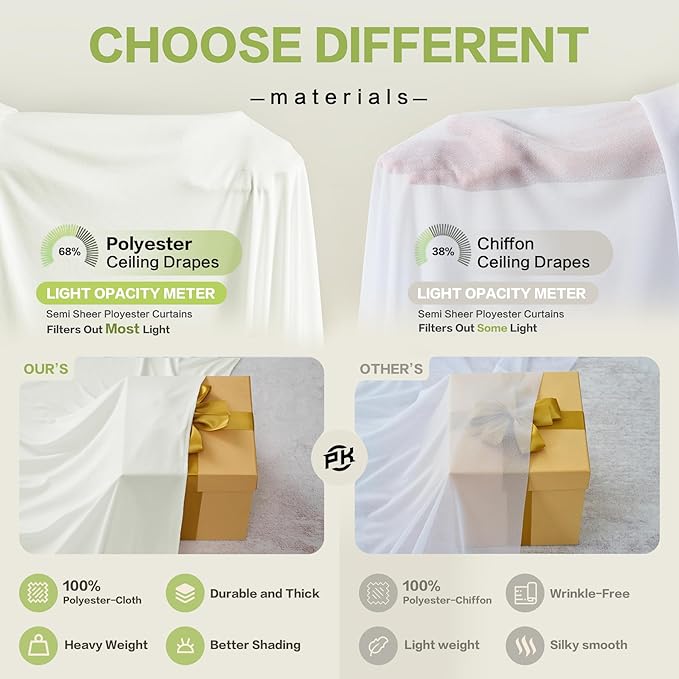PartyVillage 10ftx40ft Ivory Ceiling Curtain for Wedding Parties – 2 Panels Wrinkle-Free 40 FT Long Tent Draping Curtains for Wedding, Birthday & Theme Parties, 40ft Height with Rod Pocket