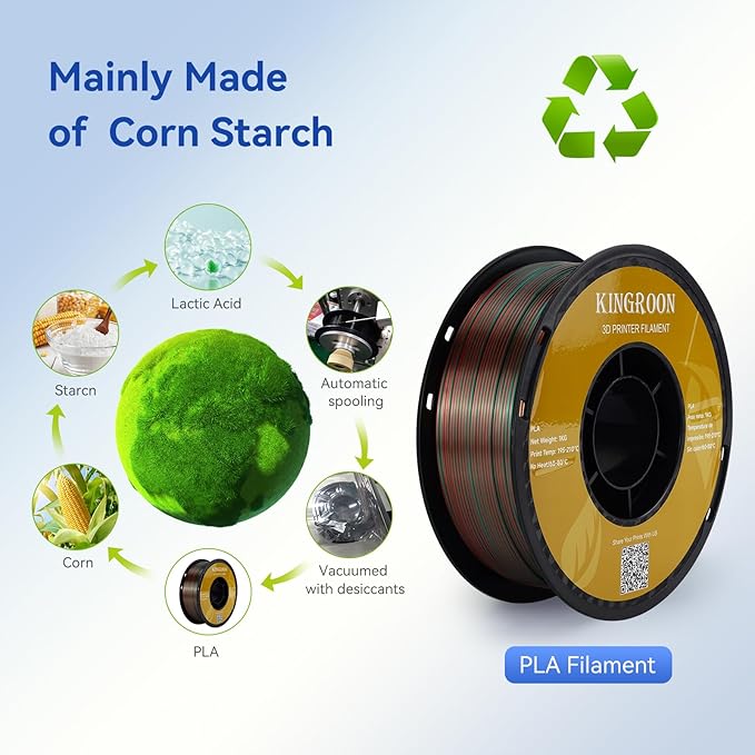Kingroon Silk PLA Triple Color,3D Printer Filament,Pla Filament 1.75mm,Multicolor Filament 1KG,Dimensional Accuracy +/- 0.03mm,for Most FDM 3D Printer,Green Purple Copper