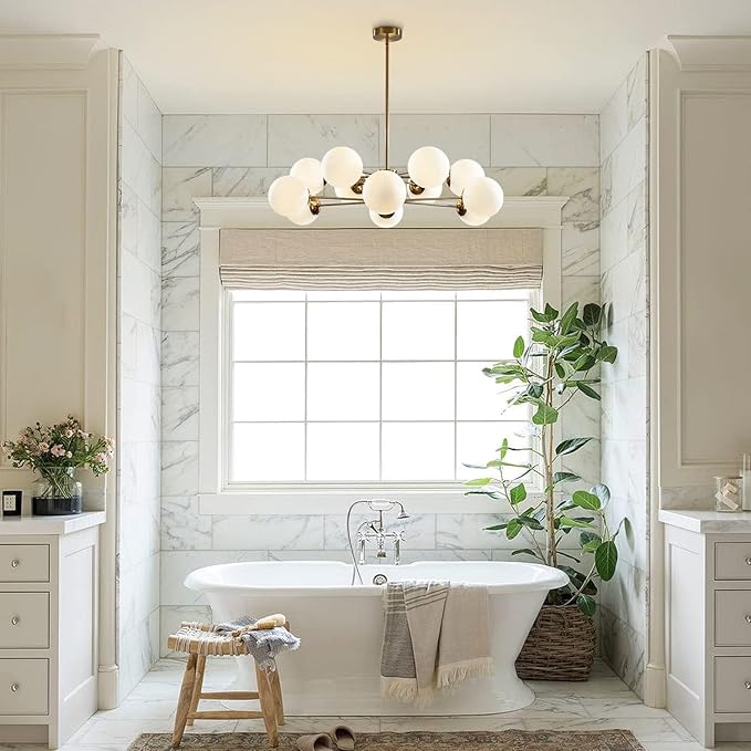 KCO Lighting 12-Light Glass Globe Sputnik Chandelier Light Fixture Mid Century Modern Chandeliers Brushed Brass Chandelier Milk White Glass Ceiling Light Fixture (Gold+White)