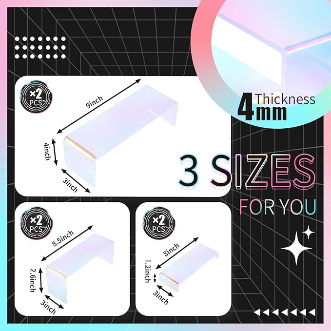 Iridescent Acrylic Display Risers, 6pcs Rainbow Display Stand Rectangular Stands Showcase Transparent Display Shelf for Dessert Cupcake Collectibles Figures Jewelry Perfume