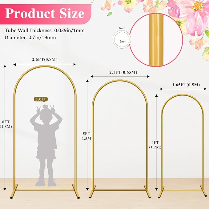 Metal Arch Backdrop Stand, Set of 3 (4/5/6 ft) Wedding Arched Frame with 12 Ground Nails, Stable Arched Background Stand for Wedding, Baby Shower, Birthday Party, Photography, Gold