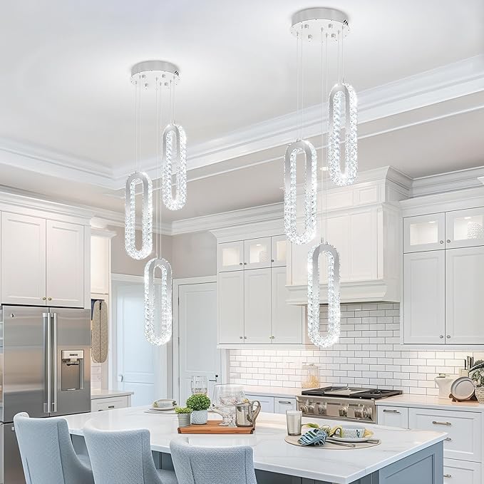 3-Light Modern Pendant Light for Kitchen Island Crystal Ring Chandelier Silver LED Pendant Lighting Fixture for Dining Room Kitchen Living Room Foyer Hallway Bedroom
