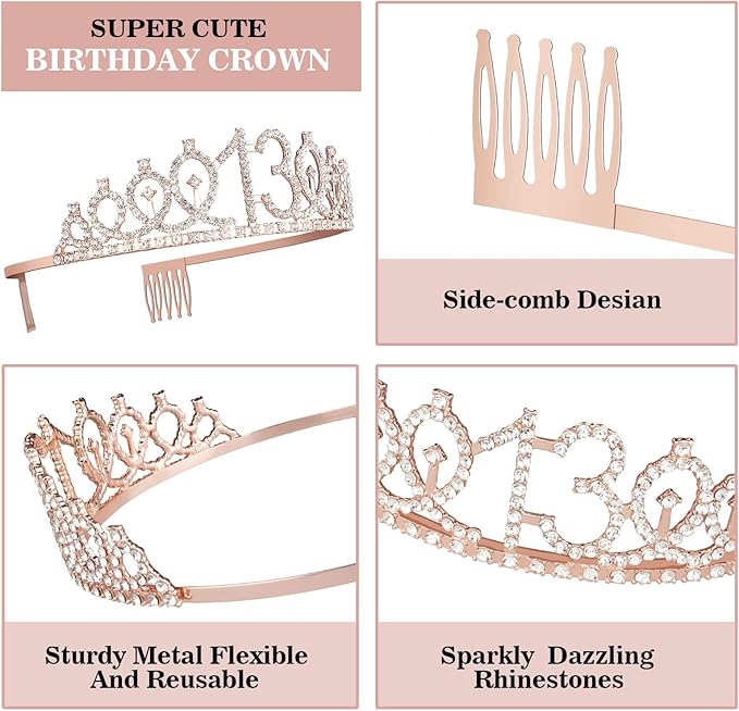 13th Birthday Decorations for Girls, Including 13th Birthday Crown/Tiara, Official Teenager Sash and Cake Topper, Number Candles, 13 Year Old Girl Gifts