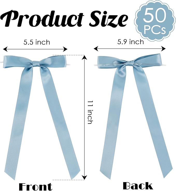 50 PCs Dusty Blue Bow Decor 5.5'' Satin Bows with Long Tail, Twist Tie Bows for Craft, Packaging Ribbon Bows, Premade Bows for Cake Decorating, Gift Bows for Treat, Wedding Favor, Party