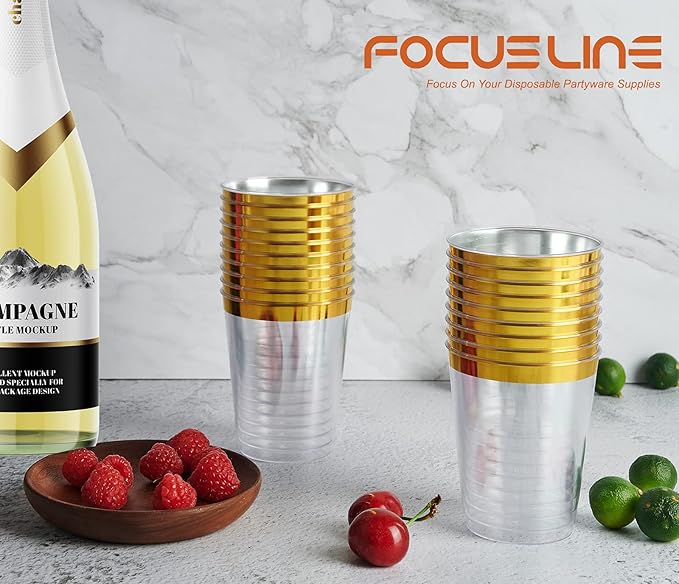 FOCUSLINE 10 oz Gold Plastic Cups, Disposable Clear Fancy Hard Plastic Cups, Gold Rimmed, Heavy Duty, Reusable,100 Count