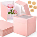 12Pcs Cake Boxes, 10x10x10 Inches Tall Cake Boxes with Window, Pink Disposable Tier Cake Containers for Pastries, Pie, Cookies, Chocolates, Cupcakes, Birthday Party, Wedding Bakery Boxes