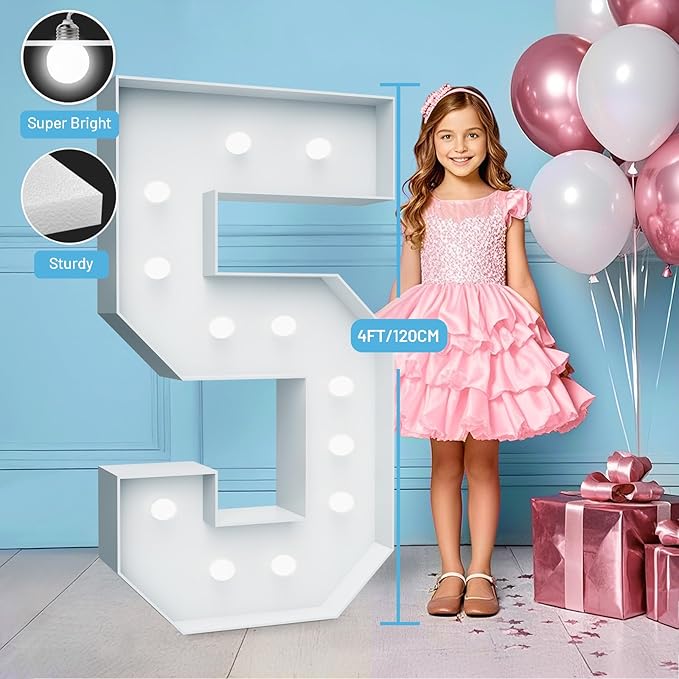 4FT Marquee Light Up Numbers - Cool White Light Up Numbers 5 with Fixed Water Bag, Party Decoration Large Marquee Light Up Numbers can Be Used for Wedding Decoration, Birthday Party Decoration