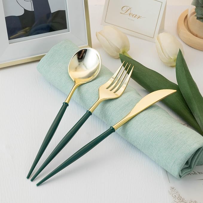 Lullaby 150PCS Gold Plastic Silverware - Disposable Flatware with Green Handles, Includes 50 Knives, 50 Forks, 50 Spoons, Perfect for Birthdays, Weddings, Picnics