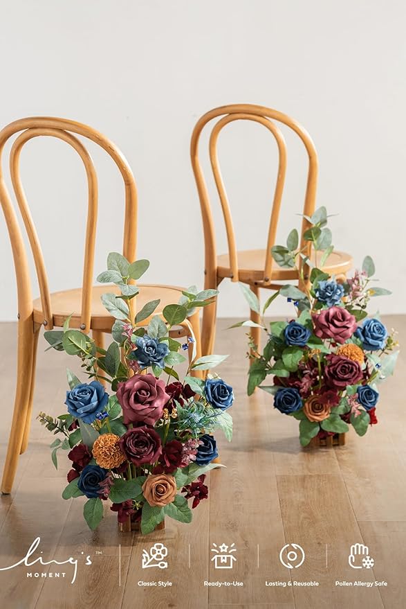 Ling's Moment 17.5" Tall Standing Artificial Flowers Arrangements 4pcs Fall Wedding Aisle Runner Chair Decorations Burgundy & Navy Blue Centerpieces for Ceremony Reception Rose Floral Party Outdoor