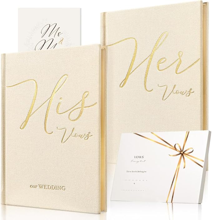 Vow Books His and Hers 2 Pack - 6 x 4 Inch Linen Hardcover Wedding Vow Books with Gold Foil Lettering & Bookmark, Wedding Ceremony Keepsake for Bride and Groom-His and Her Engagement Gift, 48 Pages