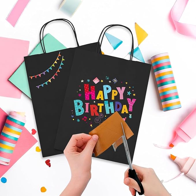 MESHA Gift Paper Bags 400 Pack 8X4.25X10.5 Black Medium Shopping Kraft Bags Bulk with Handles Reusable for Business,Grocery,Birthday,Wedding,Kids Party,Favors