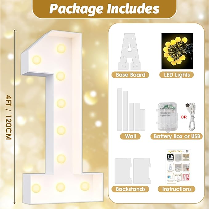 Ledido 4FT Marquee Light Up Numbers Large Light Up Letters for Party Decoration, Marquee Numbers for 4th 40th Birthday Anniversary, Pre-cut Foam Board Assembly Required Number 4