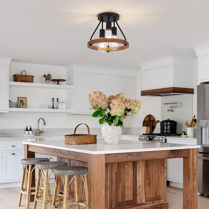Modern Farmhouse Wood Semi Flush Mount Ceiling Light, Hallway Entryway Light Fixtures, 3-Light Rustic Industrial Ceiling Lamp for Kitchen Bedroom Dining Room Laundry Room Lighting, UL-Listed