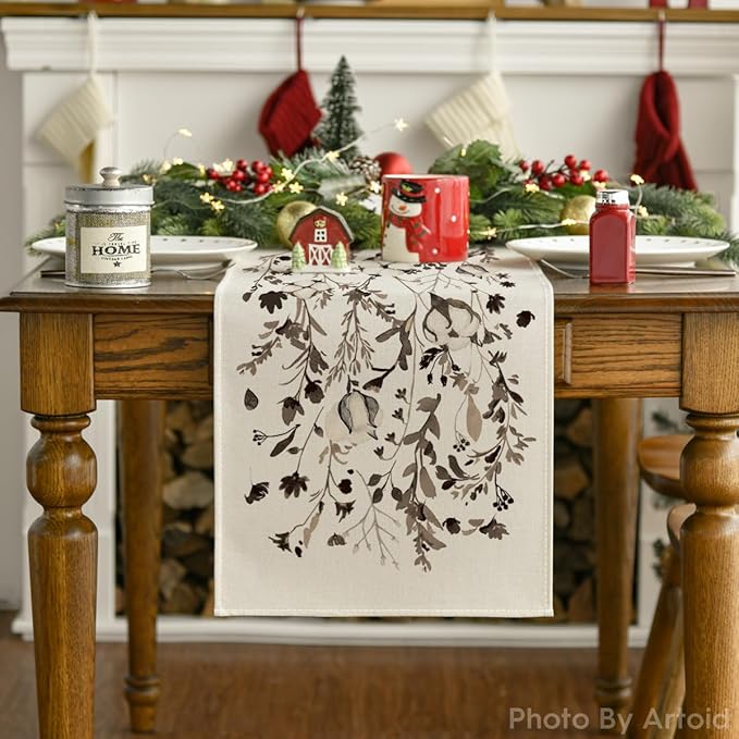 Artoid Mode Leaves and Flowers Cotton 210 GSM Winter Table Runner, Seasonal Christmas Kitchen Dining Table Decoration for Home Party Decor 13x36 Inch