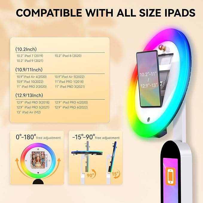 Photo Booth Stand Compatible with 10.2"-12.9" iPad, Large Light Box Customized Logo Photobooth Machine Cyratok APP Software Control Ring Light,Perfect for Wedding/Parties/Birthday(Flight Case)