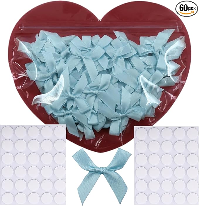 60pcs 1.7" Mini Light Blue Ribbon Bows Decor – Small DIY Satin Bows for Crafts, Little Sky Blue Bows for Gift Wrapping, Tiny Bow Stickers for Note Card Baby Shower Cake and Candle Decorations