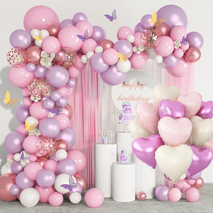 Pink Purple White Heart Balloons,12Pcs 18Inch Baby Pink Purple Cream White Heart Shaped Foil Helium Balloons for Baby Shower Birthday Anniversary Wedding Engagement Party Decorations