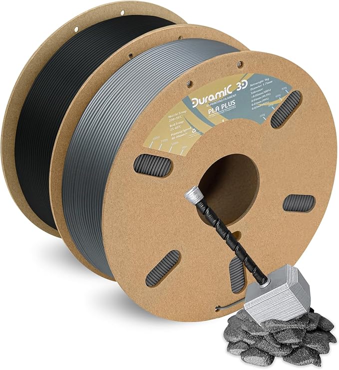 DURAMIC 3D 1.75mm 2Kg Black + Silver PLA Plus 3D Printer Filament 2 Pack 1kg Spool (2.2lbs) PLA Pro Tougher and Stronger, Dimensional Accuracy +/- 0.02mm