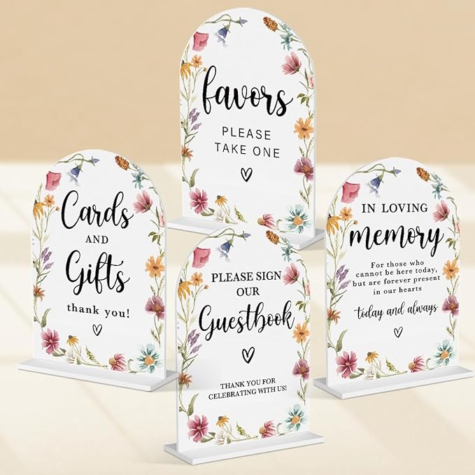 4 Pcs Acrylic Wedding Signs for Reception, Bridal Shower Decorations, Cards and Gifts Signs, Guest Book Sign, Arch Acrylic Table Top Sign with Holder for Wedding Reception (White Wildflowers)