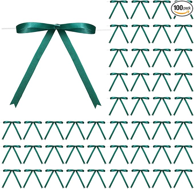 Riceshoot 100 Pcs Twist Tie Bows Bulk 5x7 Inch Satin Ribbon Bows for Gift Wrapping Cake Treat Bags Craft DIY Gift Wedding Baby Shower Birthday Party (Green)