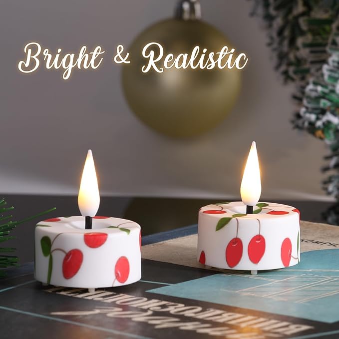 Eywamage Cherry Flameless Tealights with Remote Batteries, Flickering Plastic LED Tea Votive Candles Set of 12