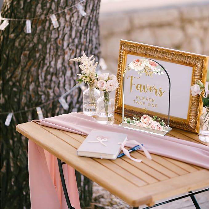 Acrylic Wedding Signs, Bridal Shower Decorations, Modern Calligraphy Arch Acrylic Table Top Sign for Wedding Reception and Engagement Parties - Favors Please Take One (Clear Pink Flowers)